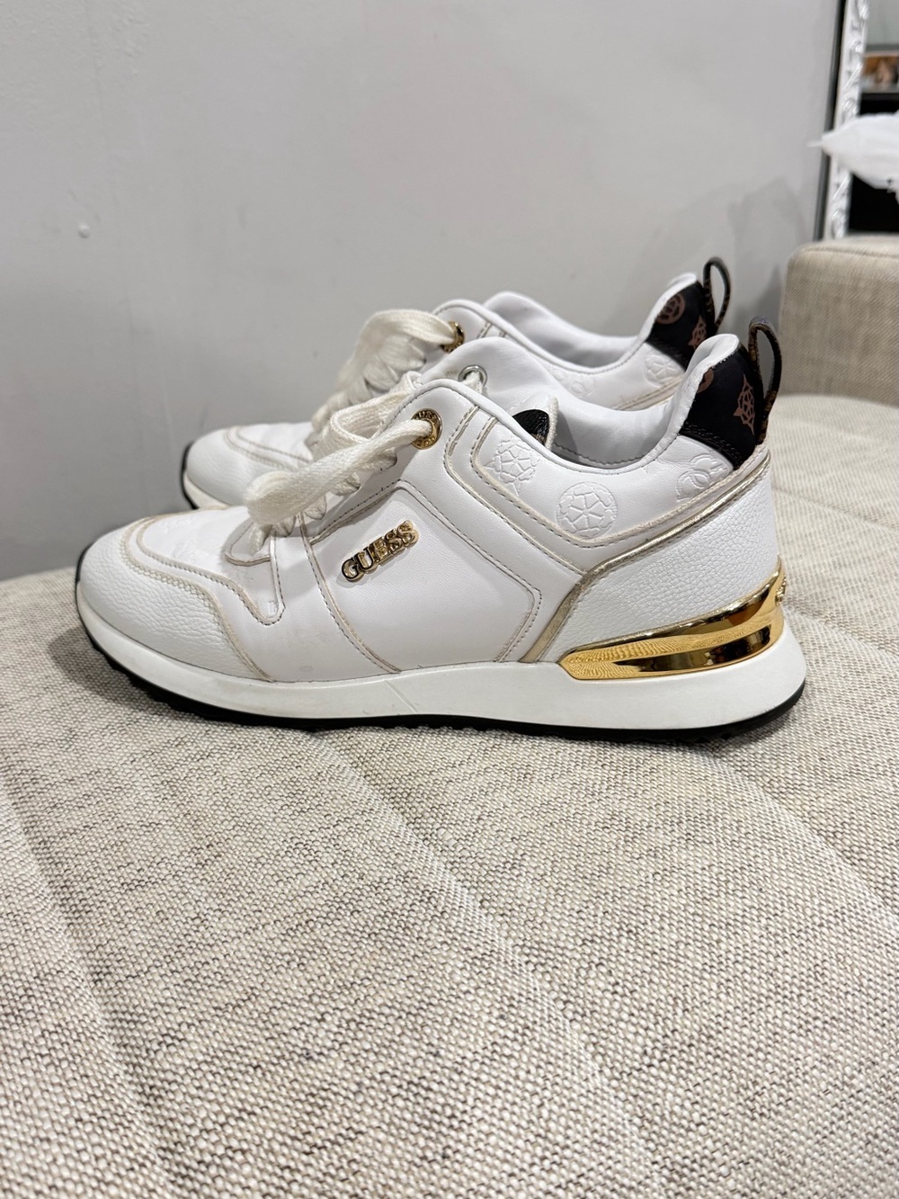 Guess White and Gold Logo Accent Women's Sneakers